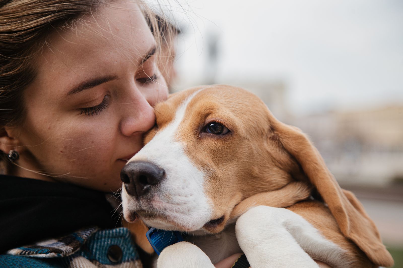Una mujer abraza a su beagle al aire libre
