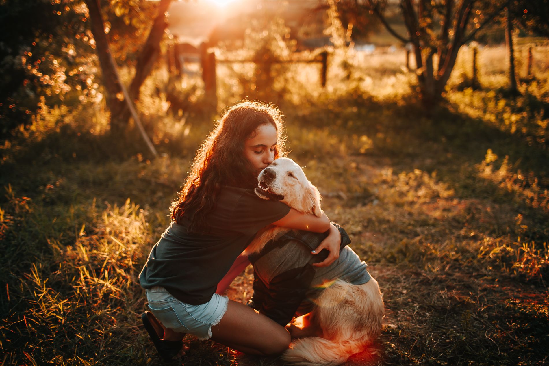 Una mujer abraza a su perro a contraluz