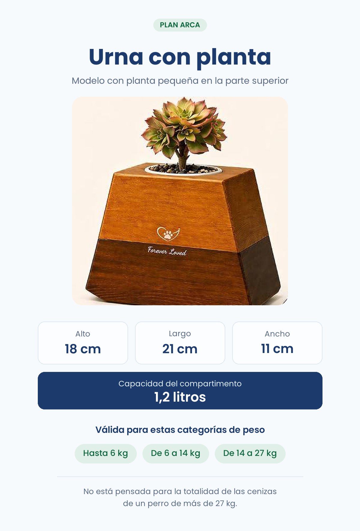 Ficha de la urna con planta: 18 cm de alto, 21 de largo, 11 de ancho y 1,2 litros de capacidad