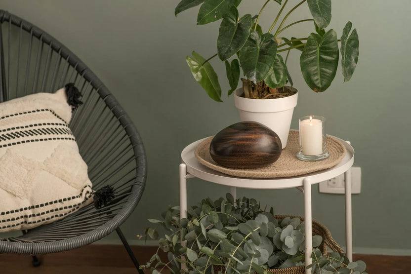 La urna de madera sobre una mesa auxiliar, junto a una planta y una vela